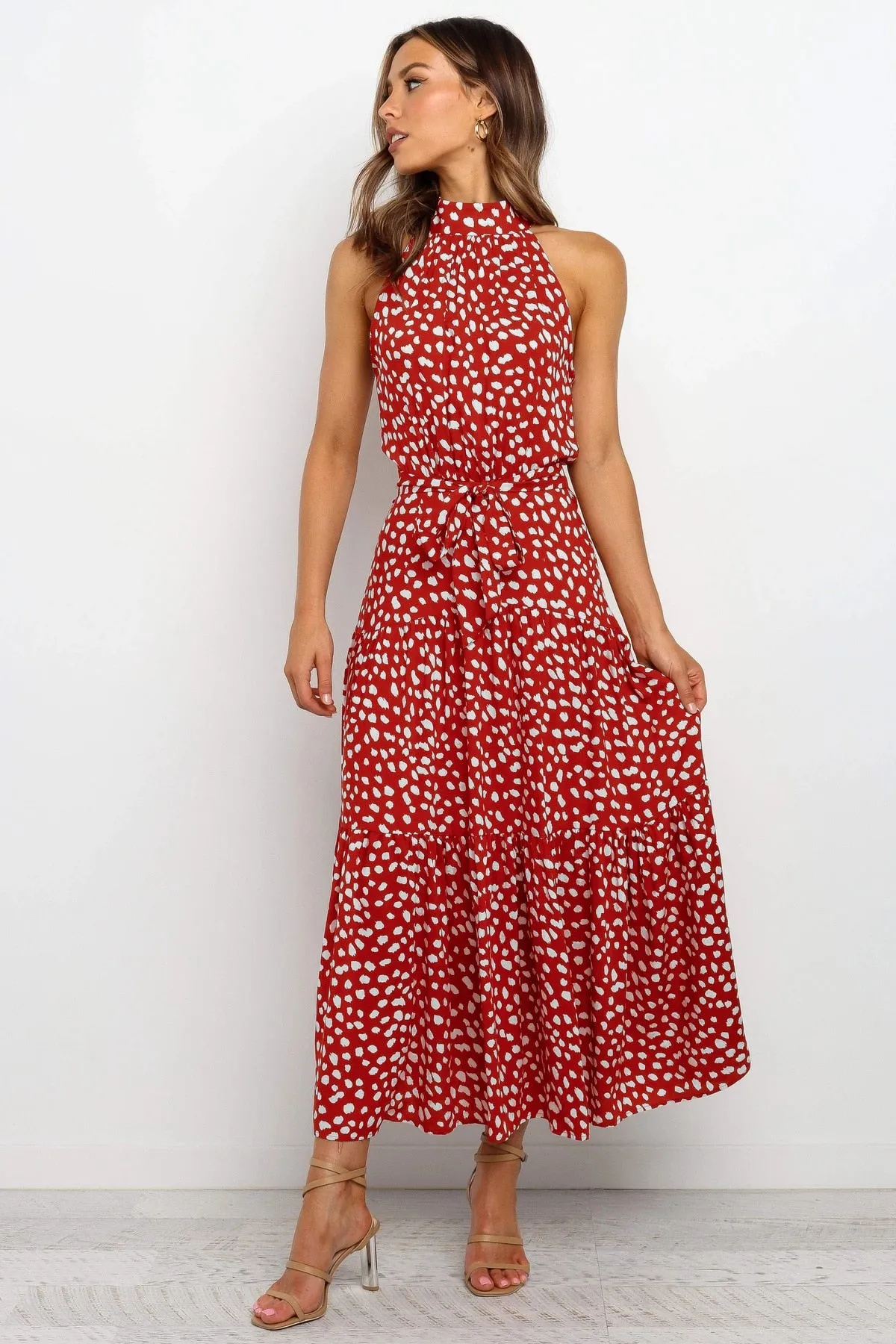 Summer Long Polka Dot Casual Sexy Halter Strapless Yellow Sundress
