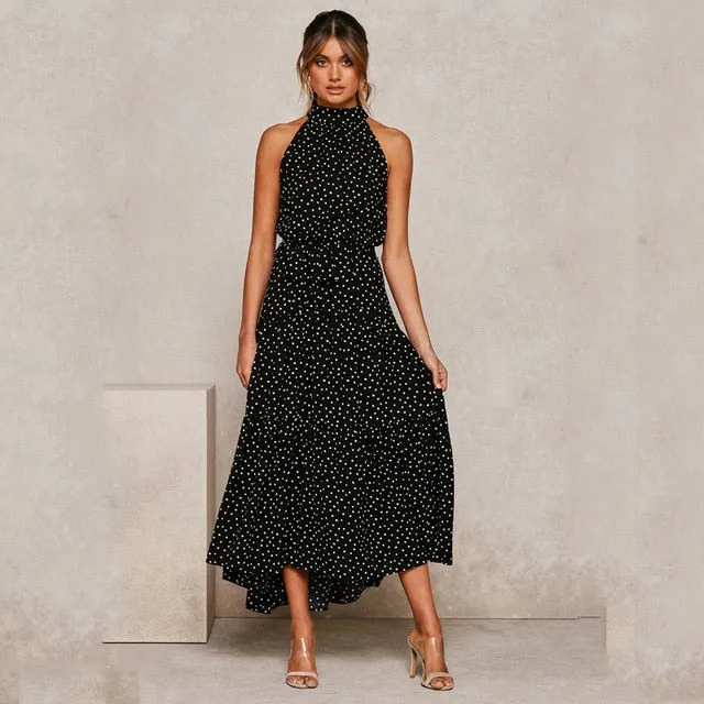 Summer Long Polka Dot Casual Sexy Halter Strapless Yellow Sundress